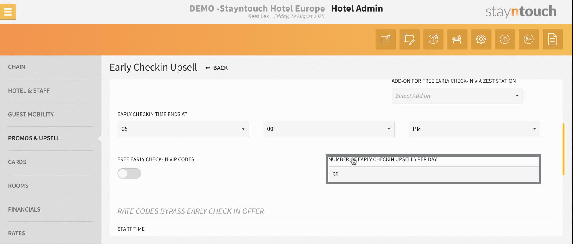 Click on the field for "Number of Early Check-In Upsells Per Day".