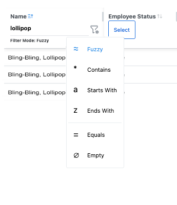 Image displaying filter options for the Name search field