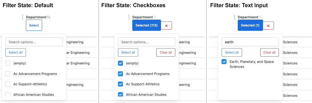 Image displaying dropdown menu filters