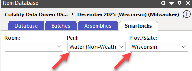 Item Database panel showing Room, Peril, and Province/State dropdowns