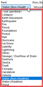 Peril dropdown expanded showing available peril types