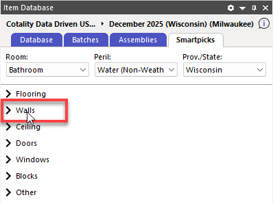 Item Database panel showing room area options: Flooring, Walls, Ceiling, etc.