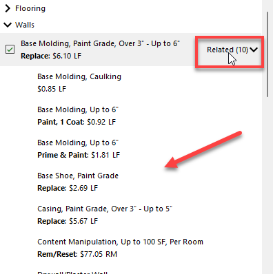 Related dropdown expanded showing related line items