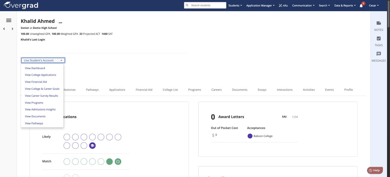 Below that, a row of tabs lets you dig into every area of the student's activity on Overgrad: