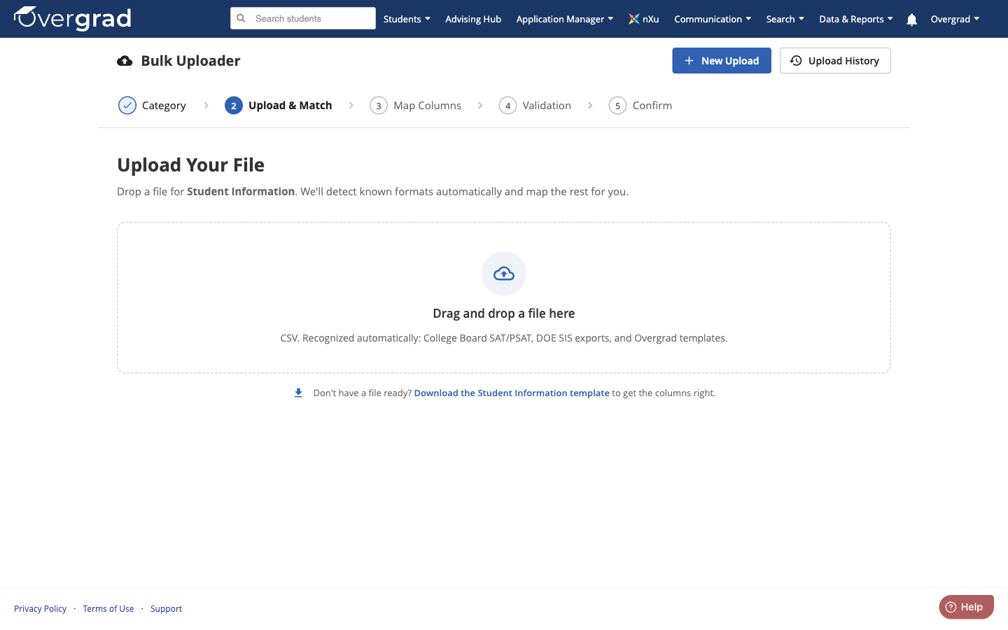 Step 2 of the Bulk Uploader: an empty drag-and-drop area for uploading a CSV file