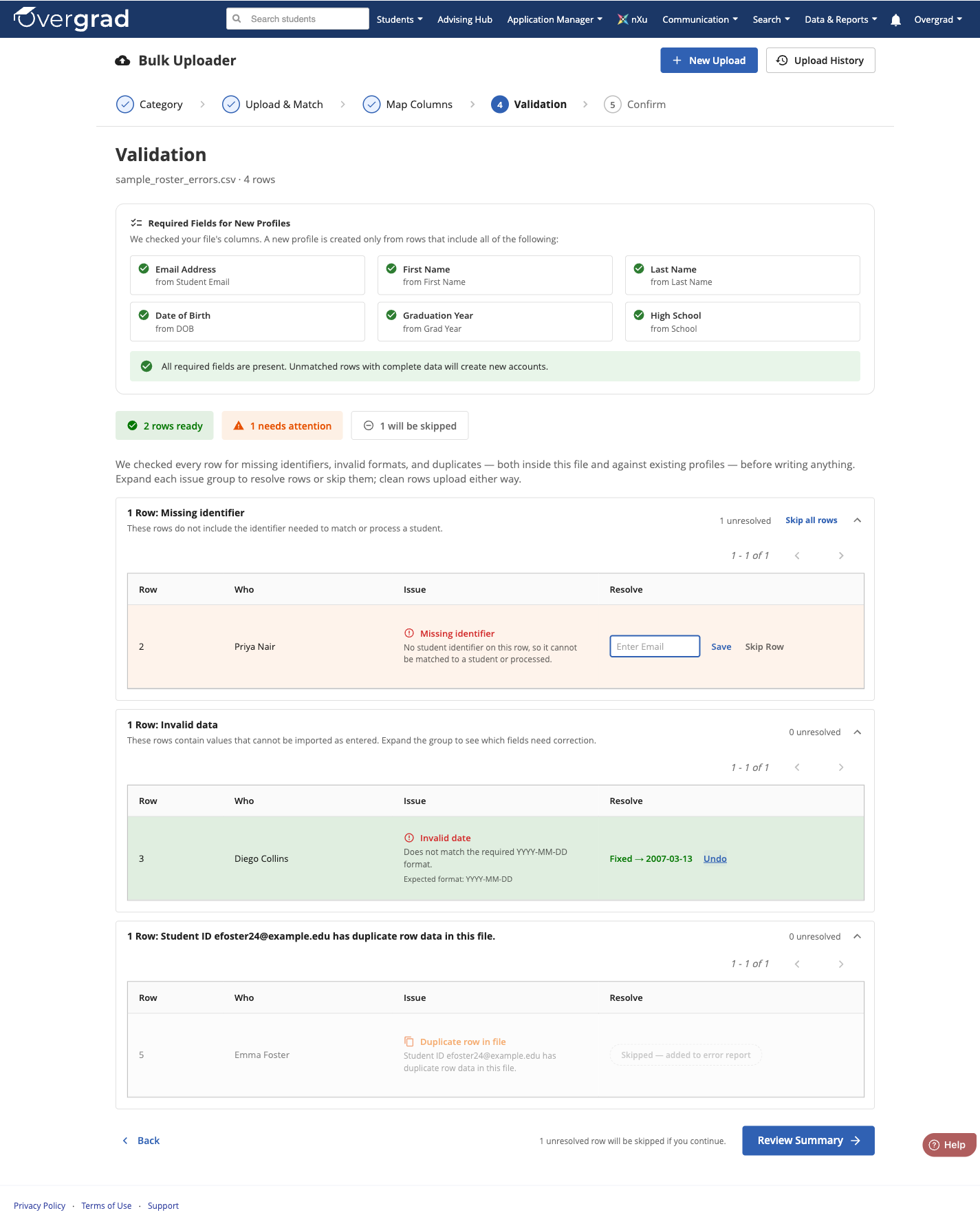 Step 4 of the Bulk Uploader: an invalid date fixed inline and marked as re-validated