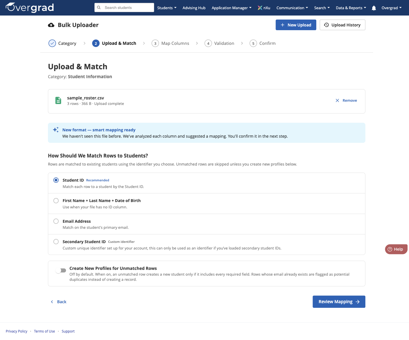 Step 2 of the Bulk Uploader: selecting a matching key from Student ID, name and date of birth, email, or secondary student ID
