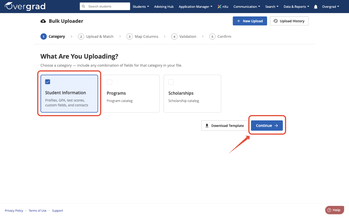 Step 1 of the Bulk Uploader: choosing the Student Information category, with Programs and Scholarships shown as alternatives
