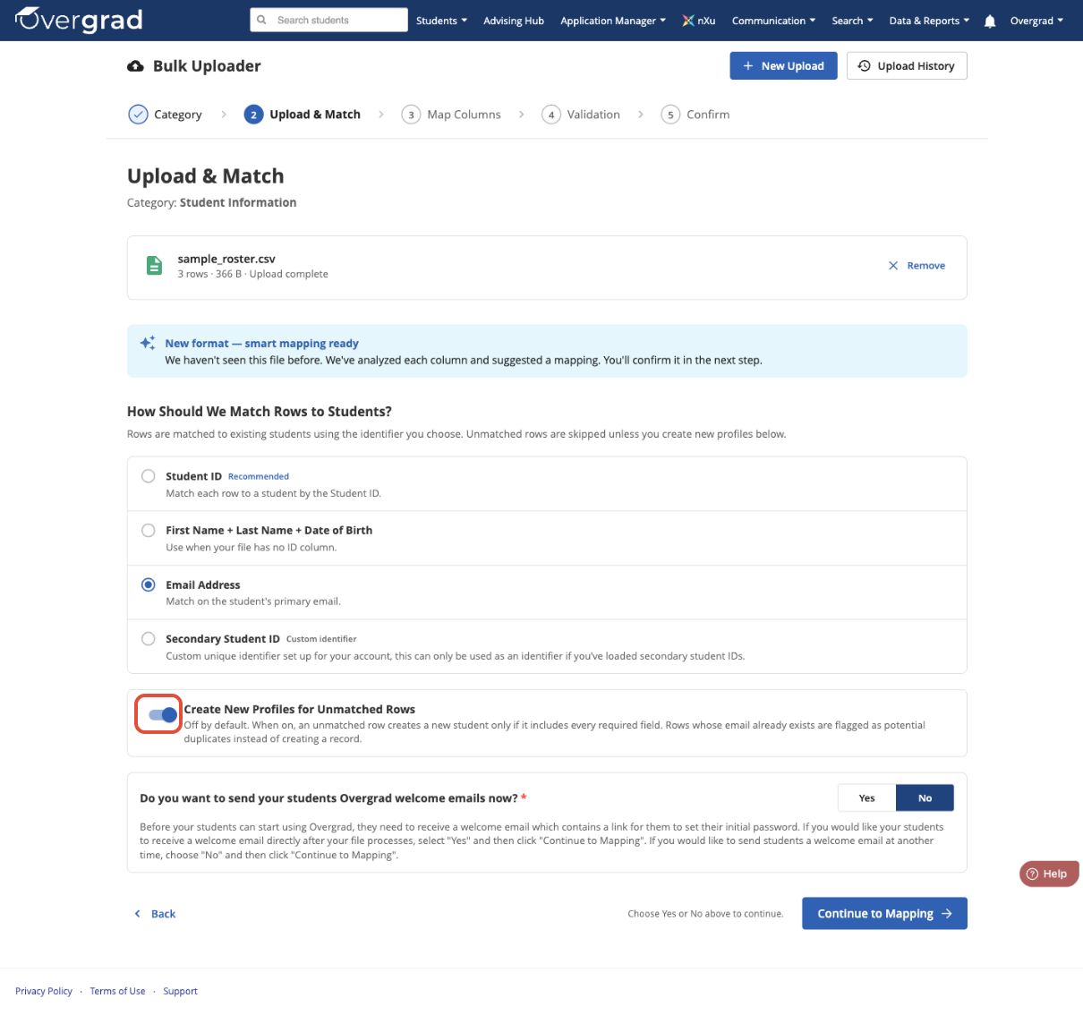 Step 2 of the Bulk Uploader: matching key, create new profiles toggle, and welcome email choice, all confirmed