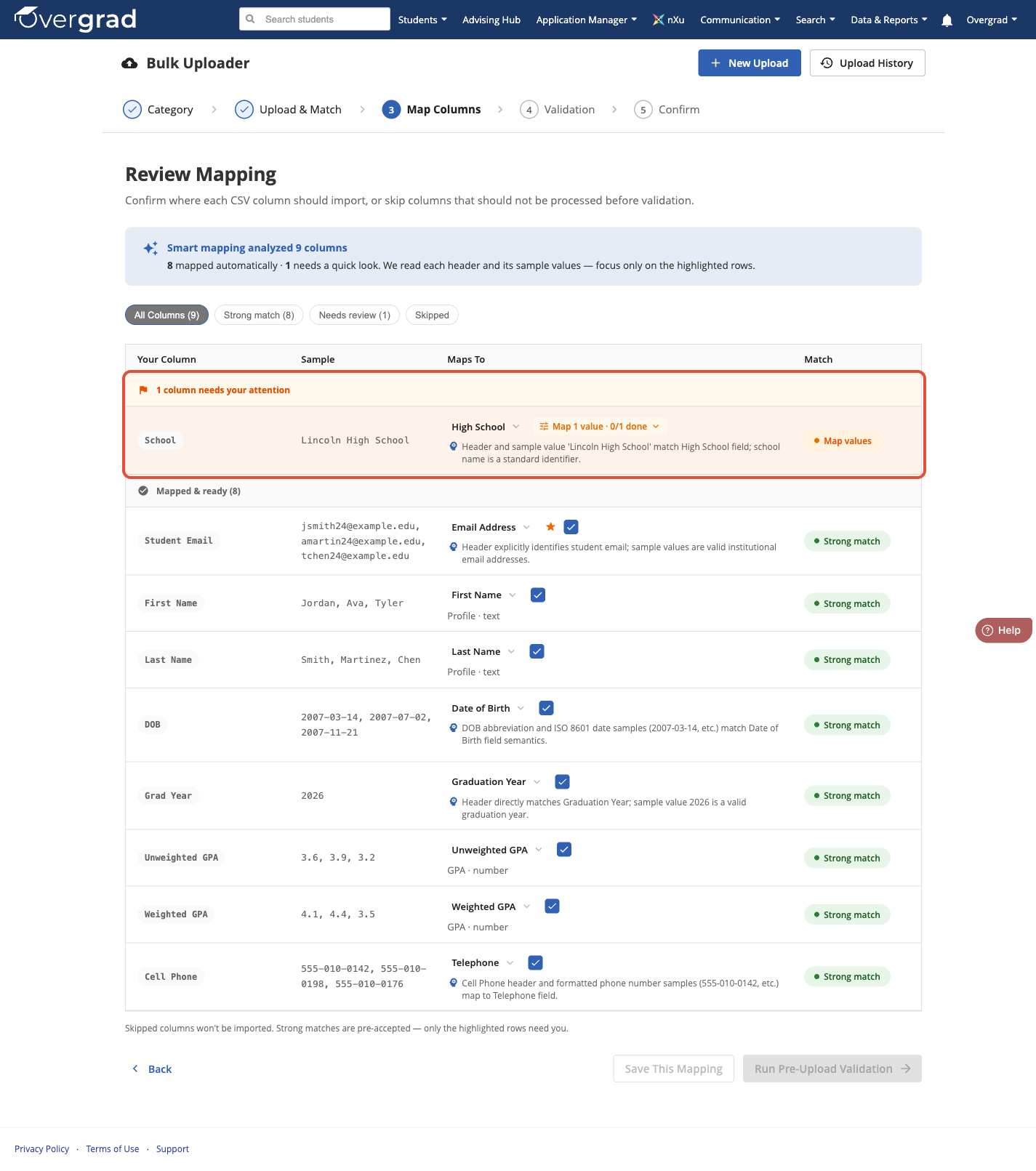 Step 3 of the Bulk Uploader: column mapping table, most columns strong-matched, one flagged needs review