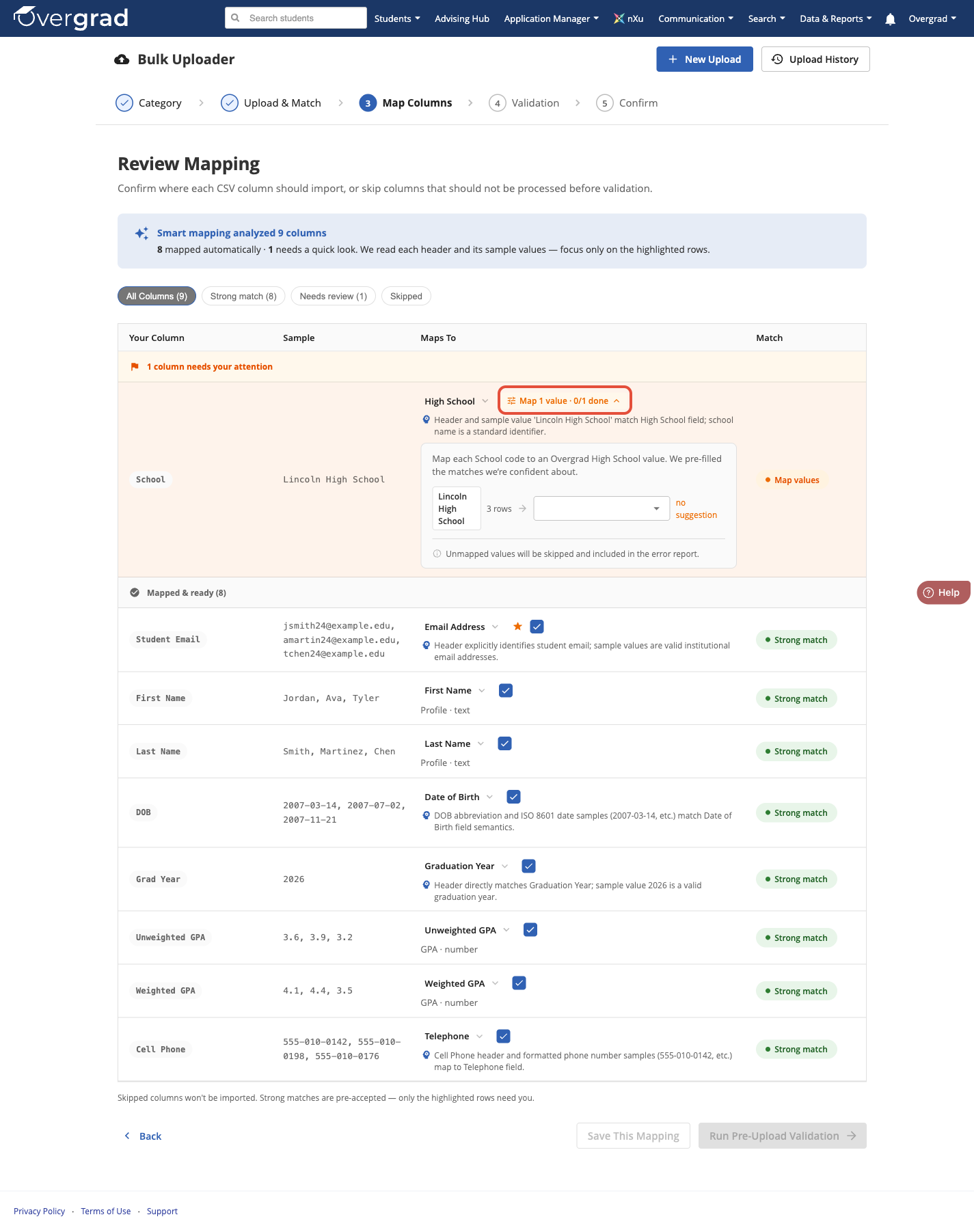 Step 3 of the Bulk Uploader: value-mapping panel for the School column, showing an unmapped value with no suggestion