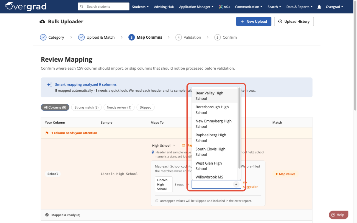 Step 3 of the Bulk Uploader: dropdown listing the district's high schools to choose from