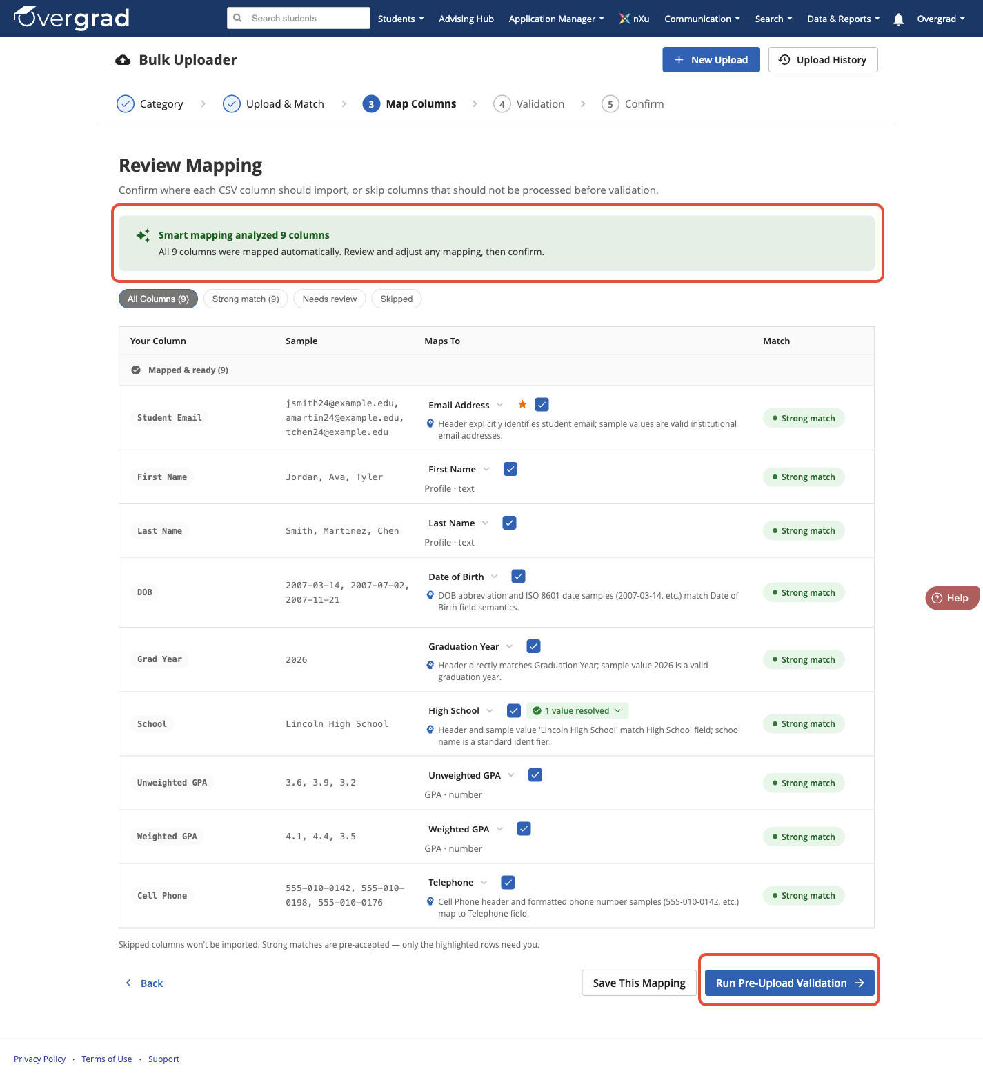 Step 3 of the Bulk Uploader: all nine columns confirmed as strong matches