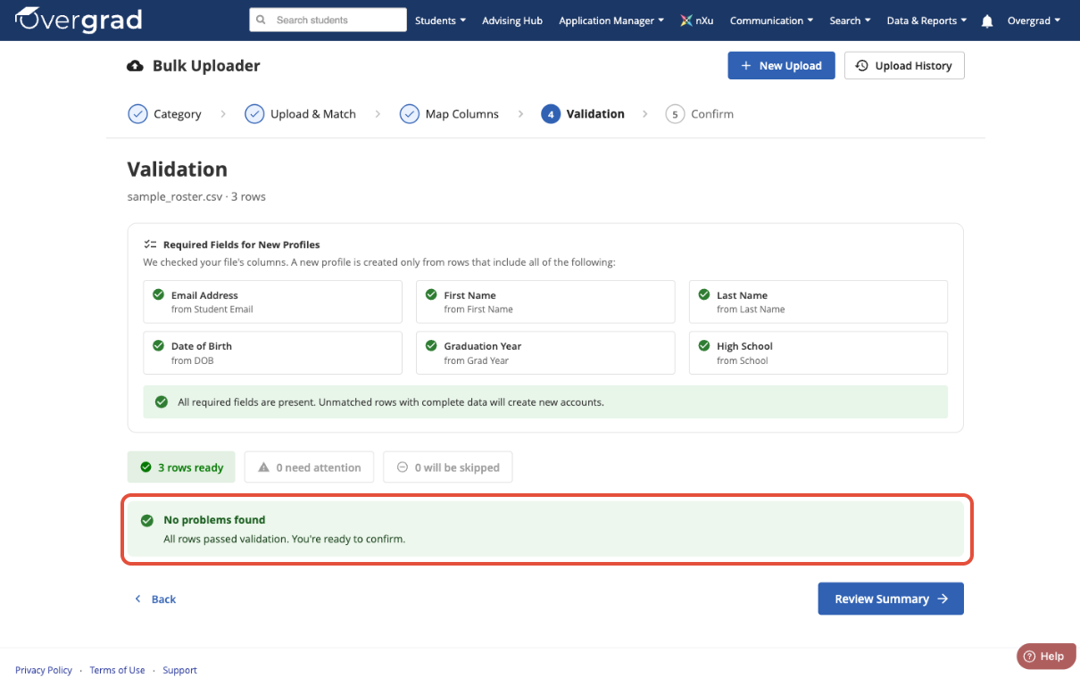 Step 4 of the Bulk Uploader: validation summary showing no problems found across all rows
