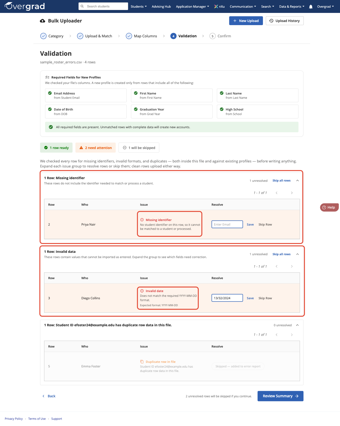 Step 4 of the Bulk Uploader: validation errors grouped into Missing identifier, Invalid data, and Duplicate row in file