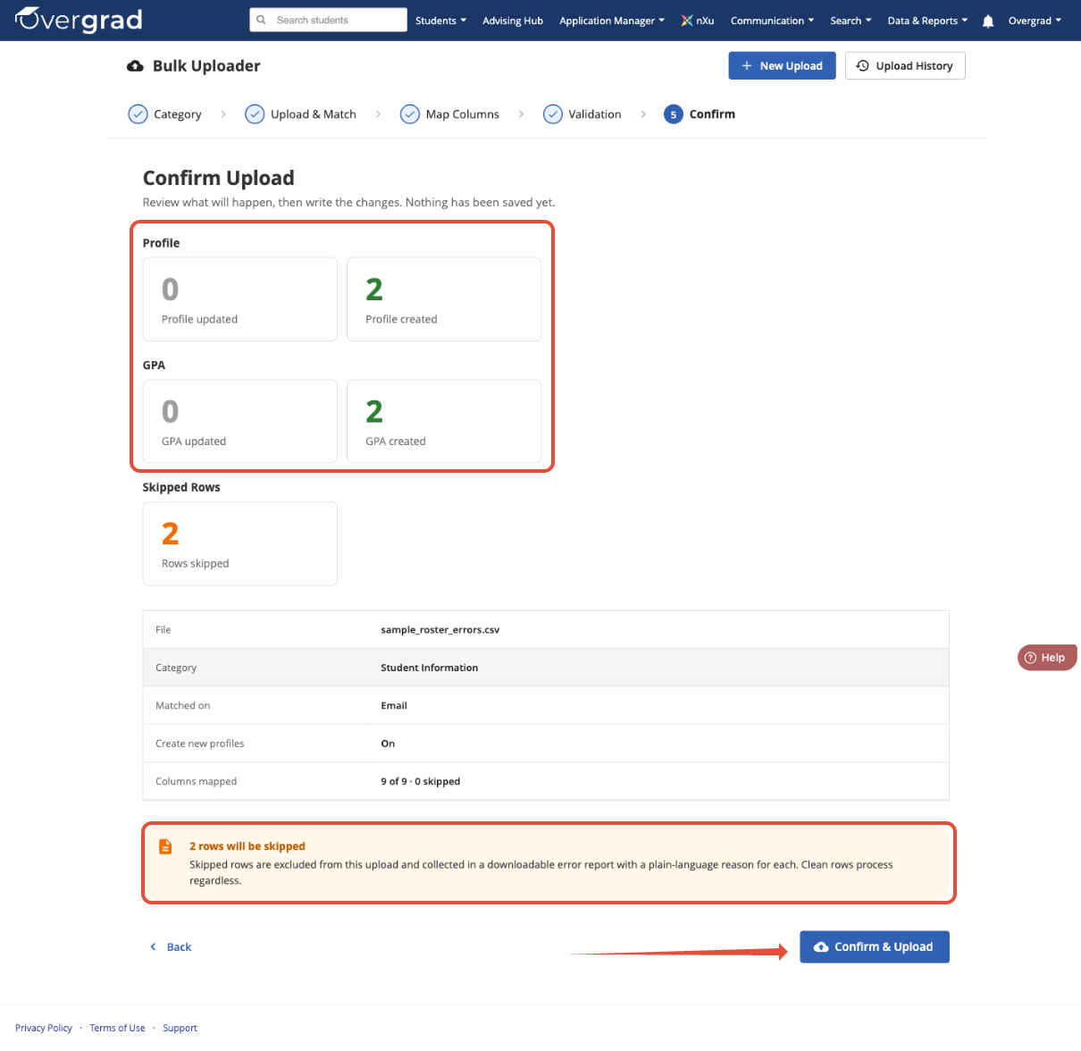 Step 5 of the Bulk Uploader: confirm screen summarizing profiles created, GPA records created, and rows skipped