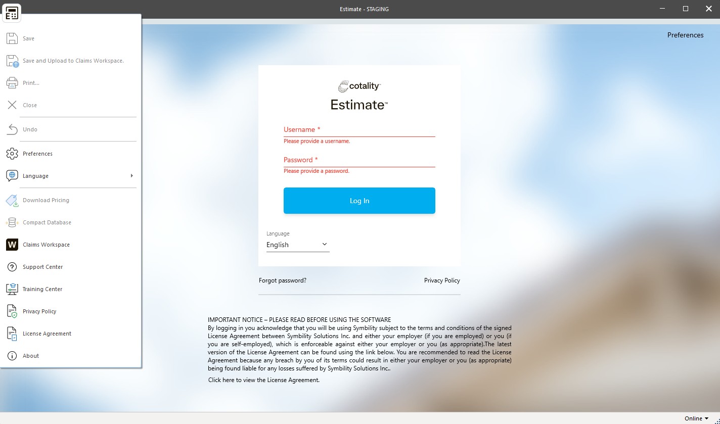 Estimate login screen showing the application menu and login form