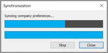 Synchronization status dialog with progress bars and Stop and Close buttons