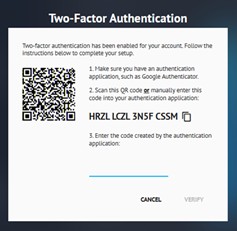 Two-Factor Authentication setup dialog with QR code