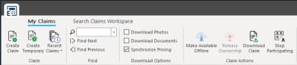 My Claims tab ribbon with Claim, Find, Download Options and Claim Actions sections