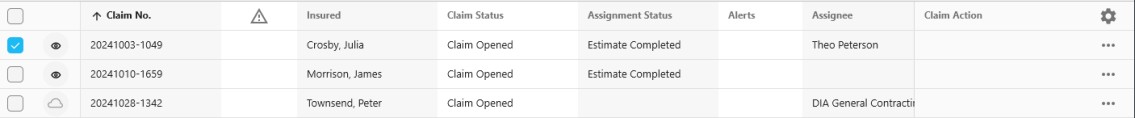 Claims table with check boxes, claim state, status, assignee and claim action columns