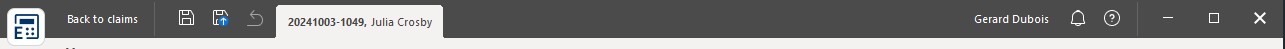 Header title bar showing Back to claims button, claim number, insured name and user options