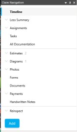 Claim Navigation panel showing Timeline, Loss Summary, Assignments, Tasks, All Documentation and claim object drawers