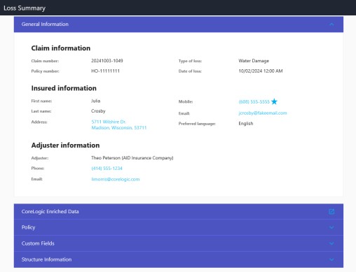 Loss Summary page showing General Information drawer with claim, insured and adjuster information