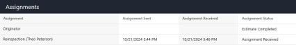 Assignment table with assignment name, sent, received and status columns