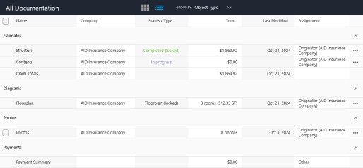 All Documentation page in list view grouped by object type showing estimates, diagrams, photos and payments