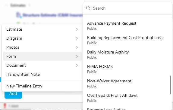 Add menu with Form option expanded showing a searchable list of available forms