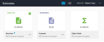Estimates page in card view showing Structure, Contents and Claim Totals cards