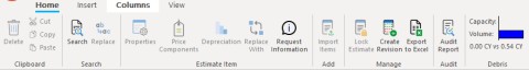 Estimates Home tab with Clipboard, Search, Estimate Item, Add, Manage, Audit and Debris sections