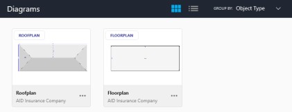 Diagrams page in card view showing Roofplan and Floorplan cards