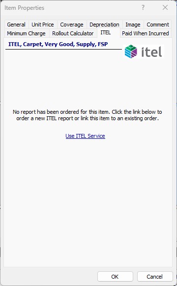 Item Properties dialog showing the ITEL tab with Use ITEL Service link