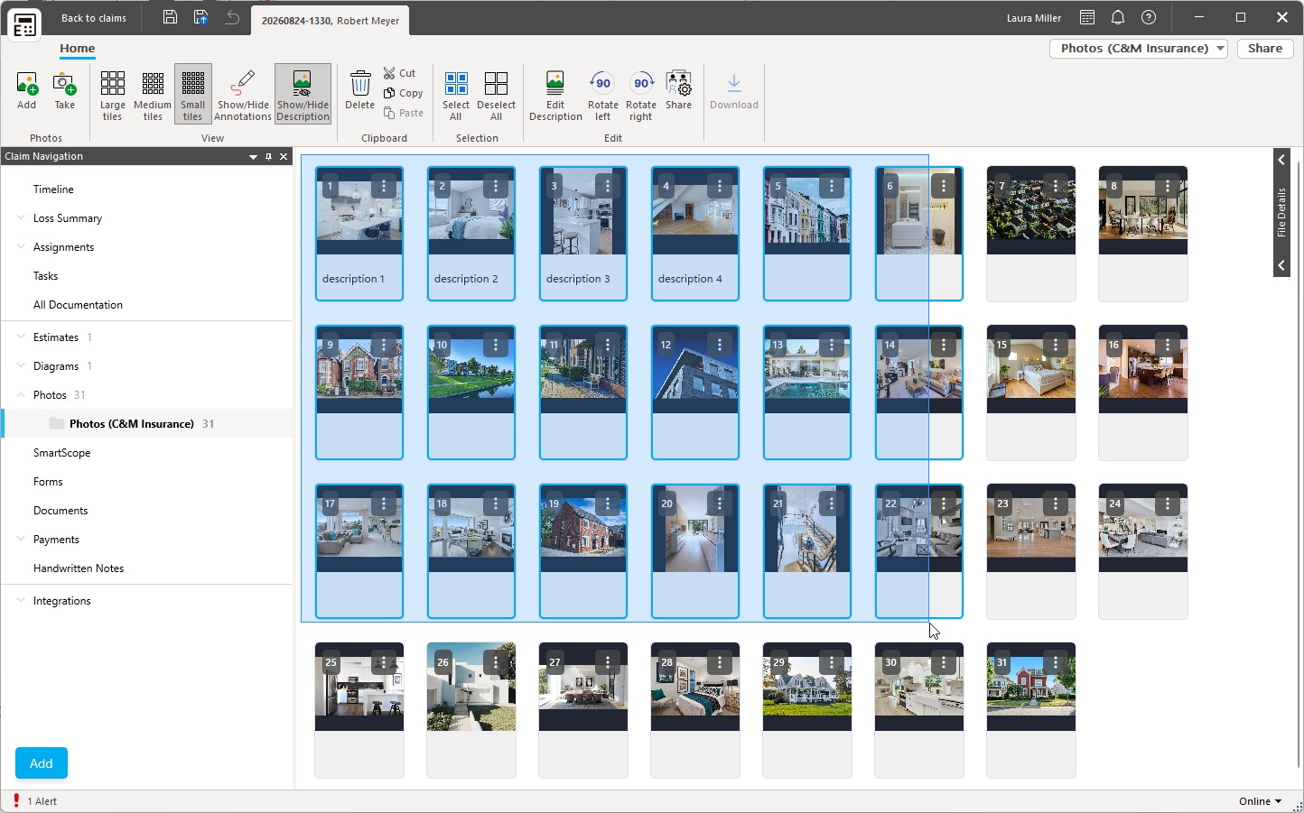 Photo gallery with multiple photos selected by clicking and dragging across the gallery