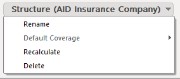 Object command dropdown menu showing Rename, Default Coverage, Recalculate and Delete options