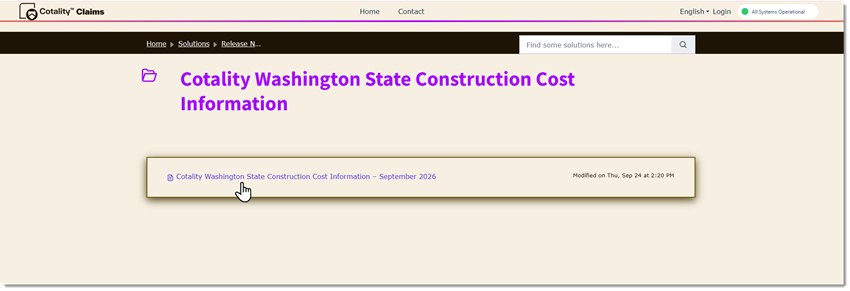 Cotality Support Site showing the Cotality Washington State Construction Cost Information library with the September 2026 document