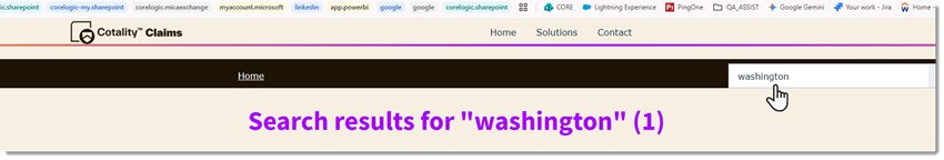 Support Site search box with washington entered and search results displayed