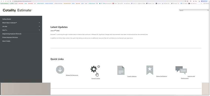 Cotality Estimate Online Help page with the Support Center icon highlighted under Quick Links