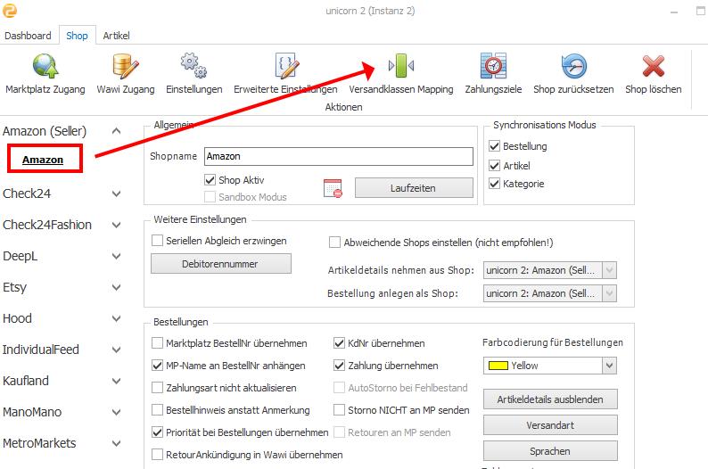 Das Bild zeigt die Shop Einstellungen in unicorn 2.