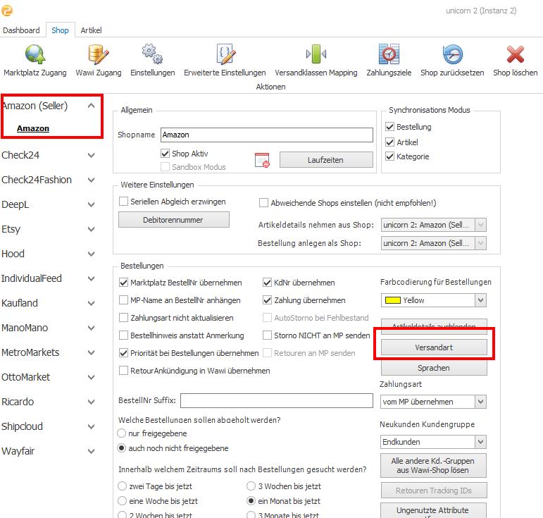 Das Bild zeigt die Shop Einstellungen in unicorn 2.