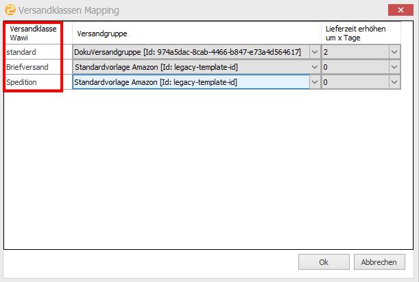 Das Bild zeigt das Versandklassen Mapping in unicorn 2.