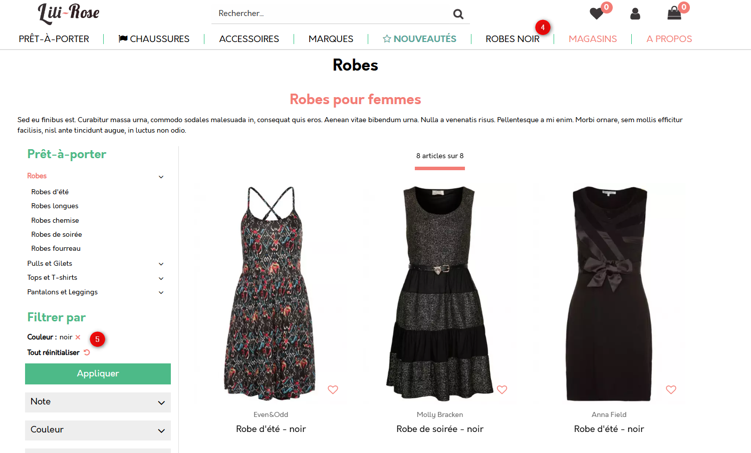 Résultat côté front — page filtrée Robes Noir