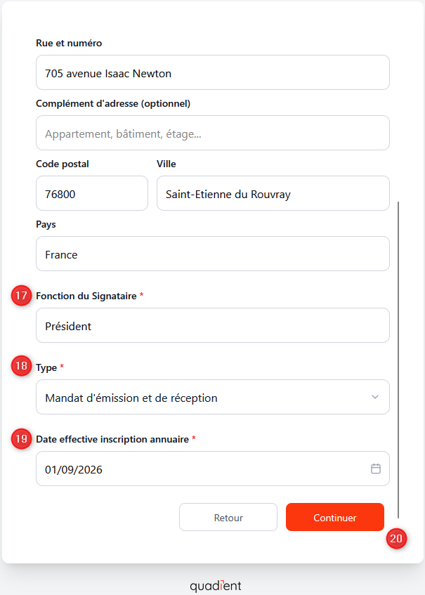 Fonction du signataire, type de mandat et date d'inscription
