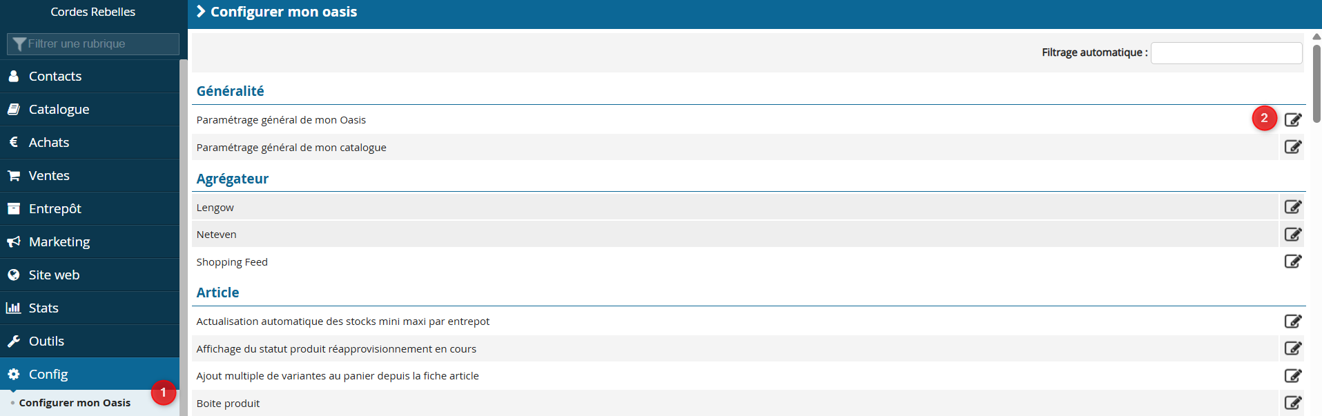 Config > Configurer mon Oasis — Paramétrage général