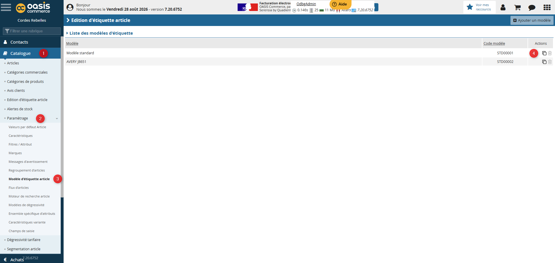Accès et duplication du modèle d'étiquette article