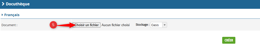 Formulaire de création de document avec Choisir un fichier, Stockage Oasis et bouton CRÉER.