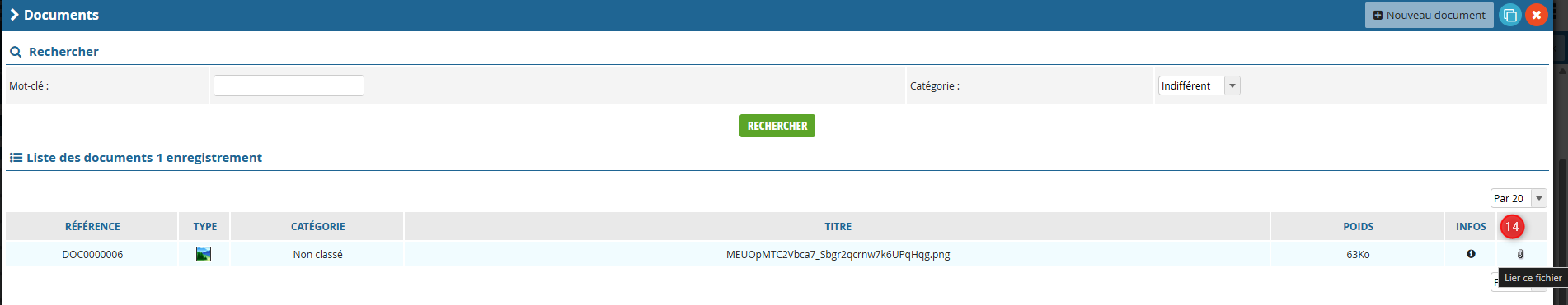 Liste Documents avec recherche par mot-clé et catégorie, et icône Lier ce fichier en fin de ligne, repère 14.