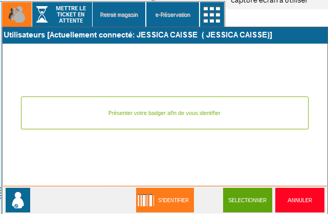 Fenêtre Utilisateurs de la caisse OASIS : choix du vendeur et identification avec le bouton BADGER.